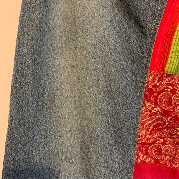 Vintage Skirt Patchwork Cabincore Boho Mixed Print Denim Midi Length Jean Skirt - Picture 5 of 14